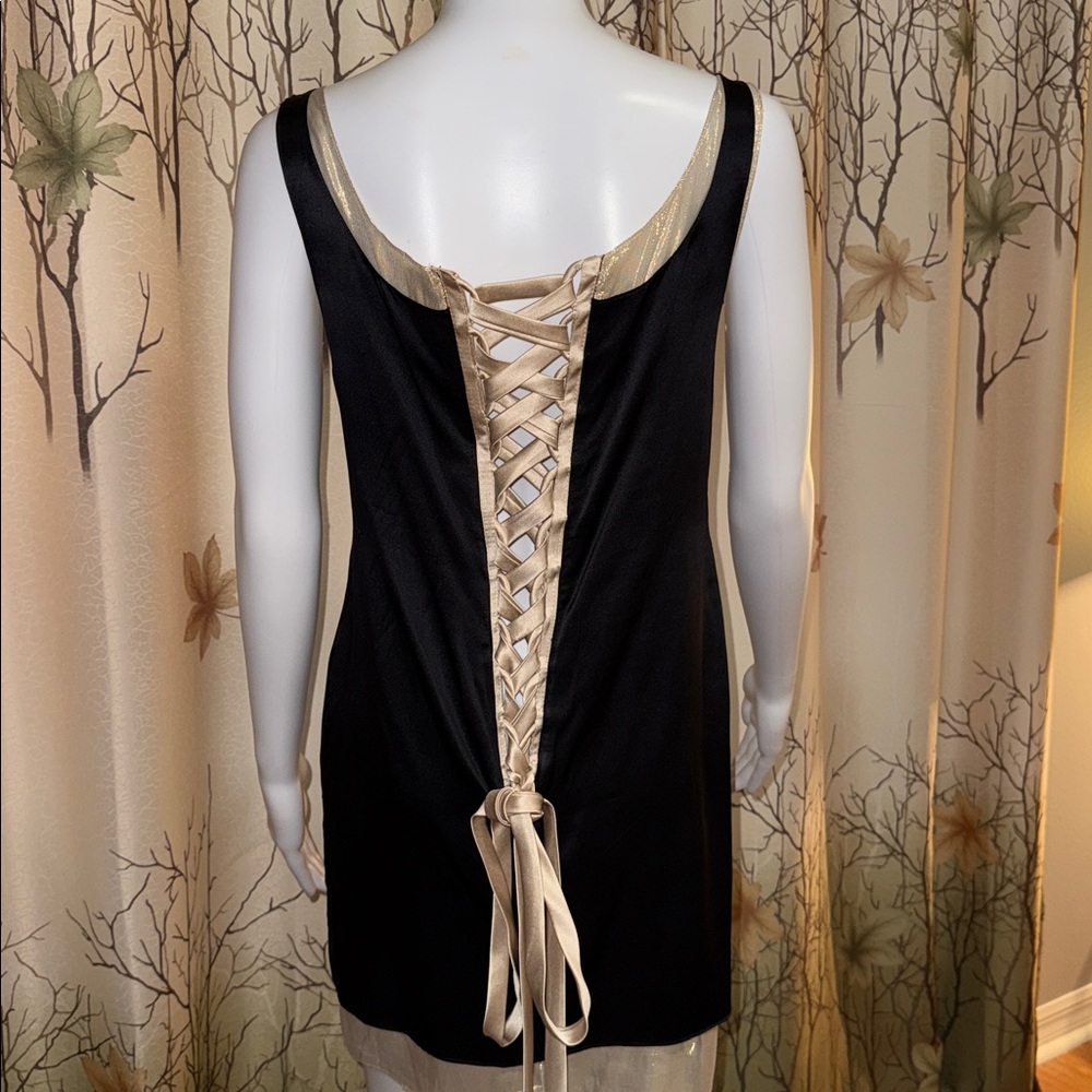 Black Silk corset Sleeveless Dress with Gold Trim and pockets